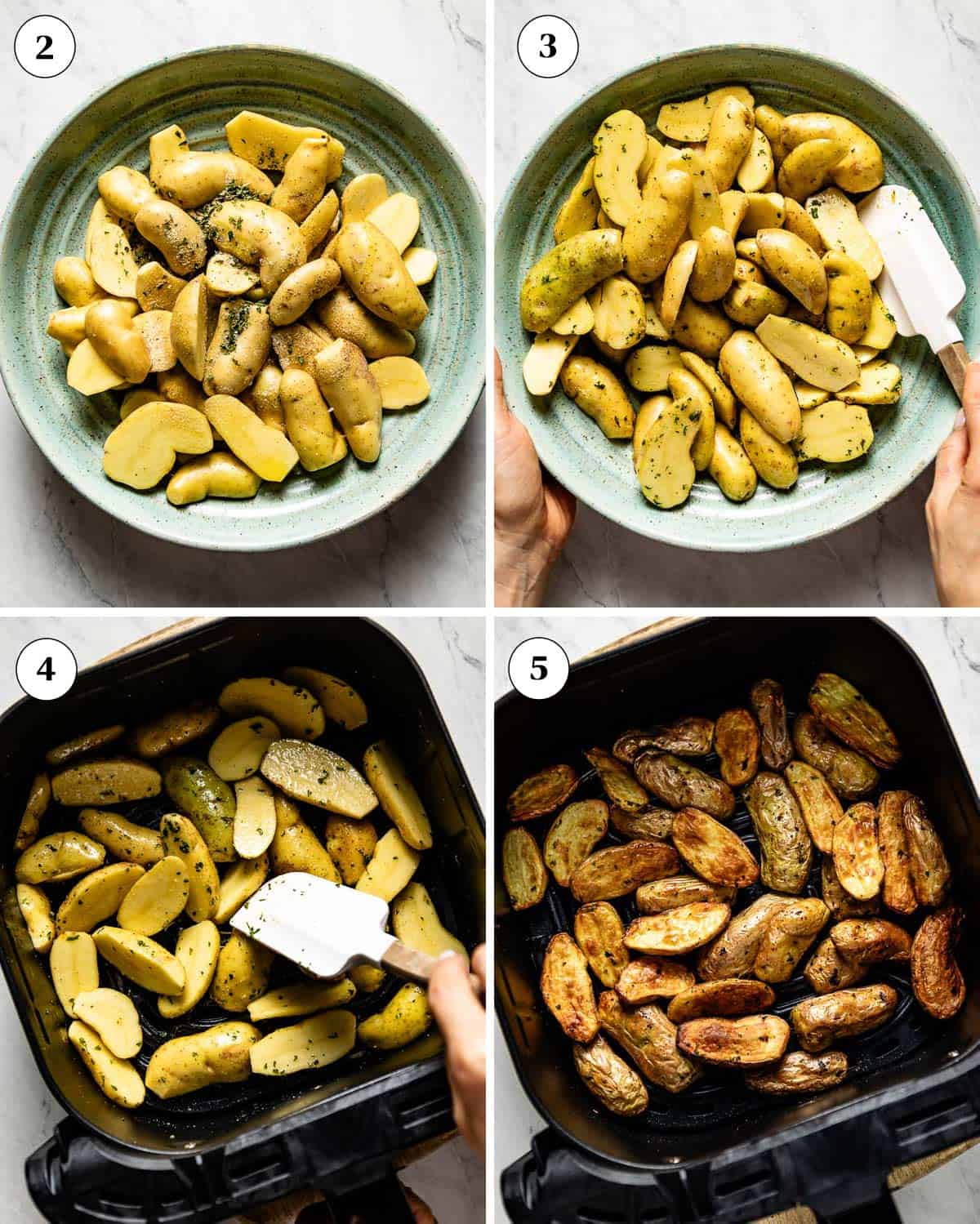 A collage of images showing how to air fryer fingerling potatoes.