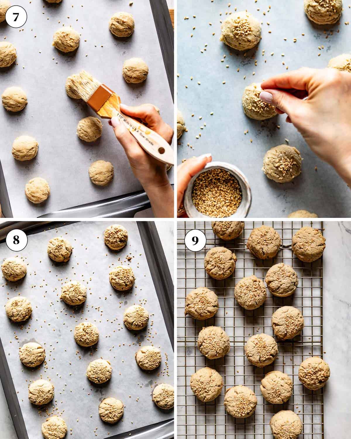 A collage of images showing tahini almond flour cookies on a sheet pan before and after they are baked.