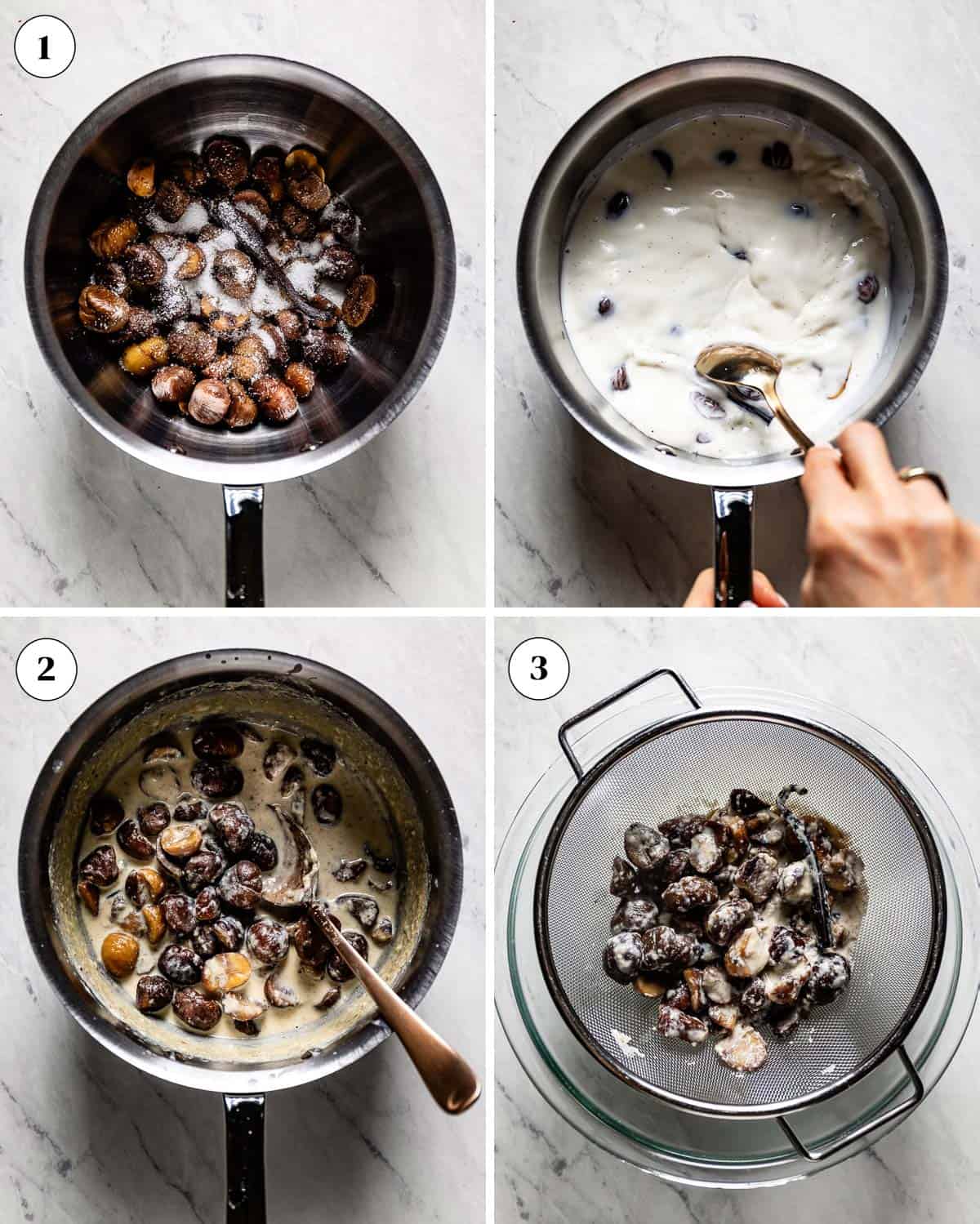 The steps to making the sweetened chestnut puree in a collage of images.