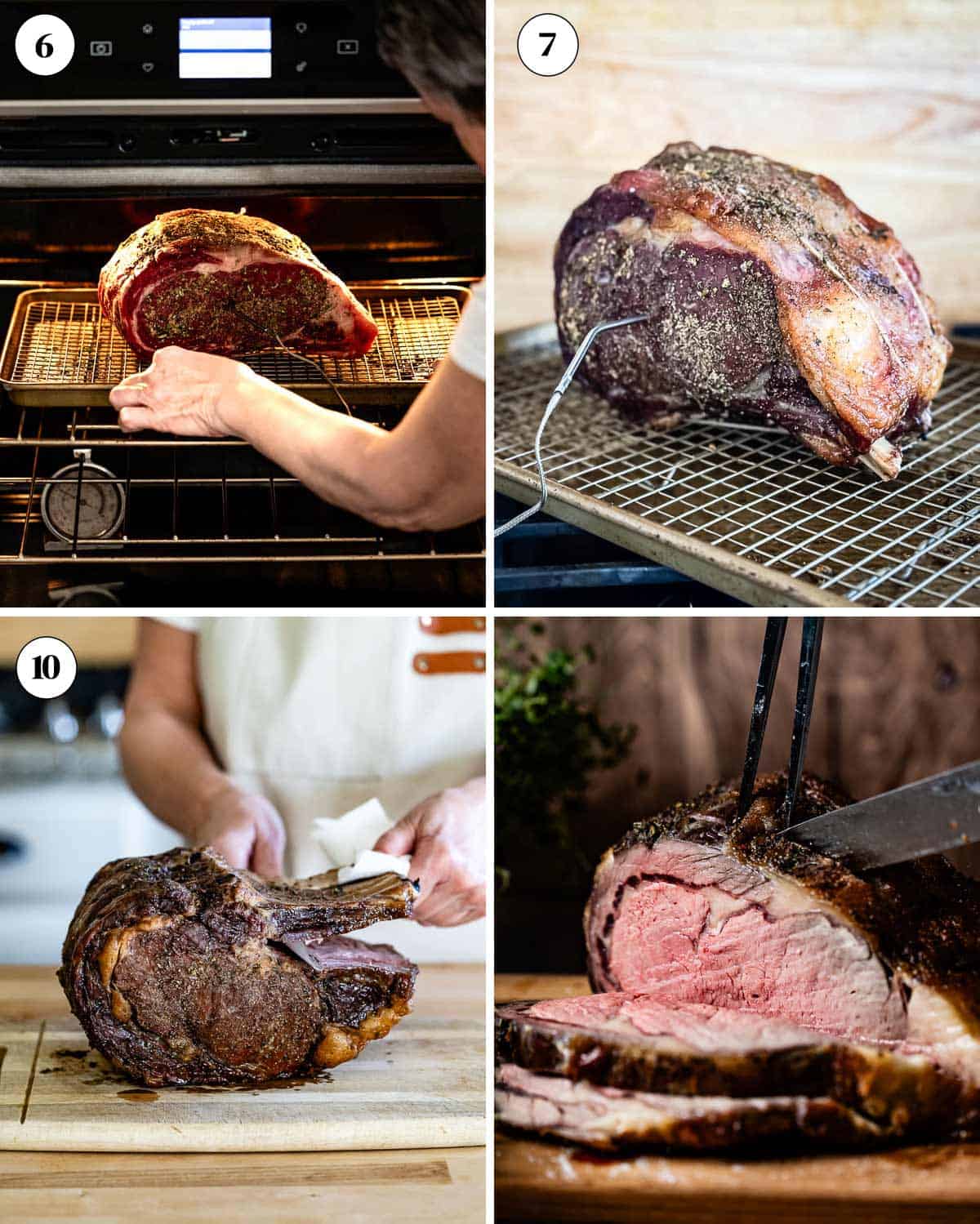 A collage of images showing how to slow cook a ribeye roast in the oven using the reverse searing method.
