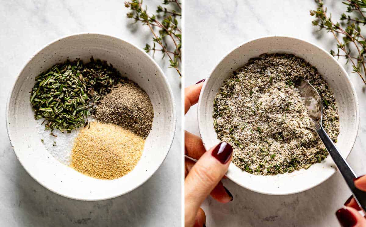A collage of images showing how to make prime rib seasoning.