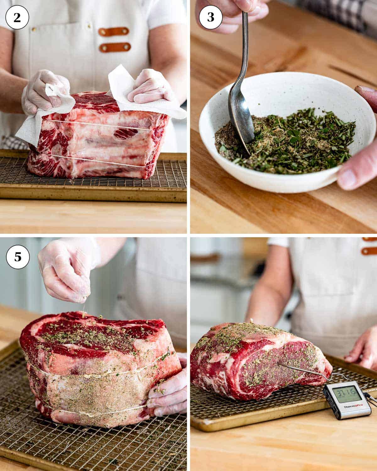 A collage of images showing how to season a prime rib roast before reverse searing it.