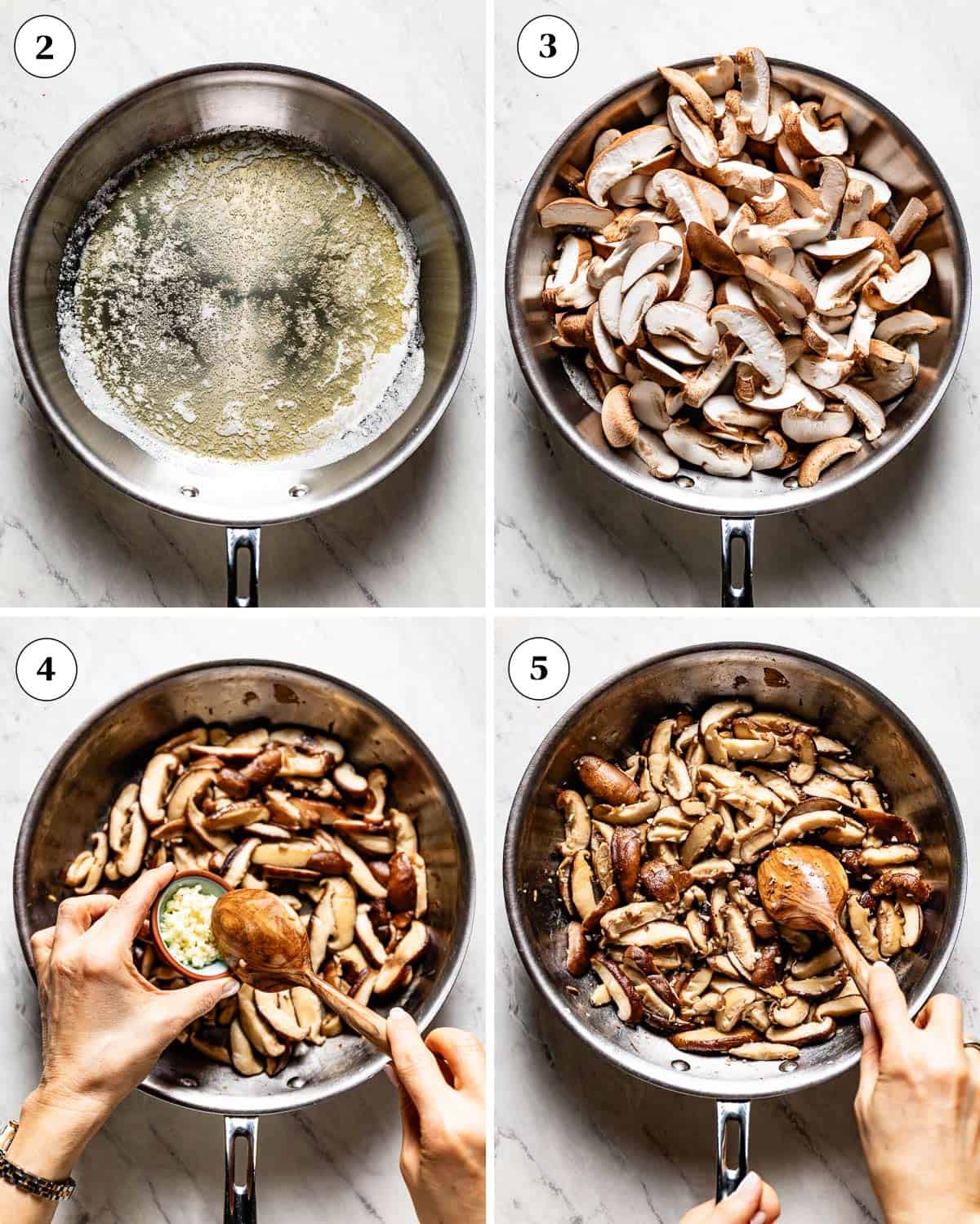 A collage of images showing how to cook shiitake mushrooms.