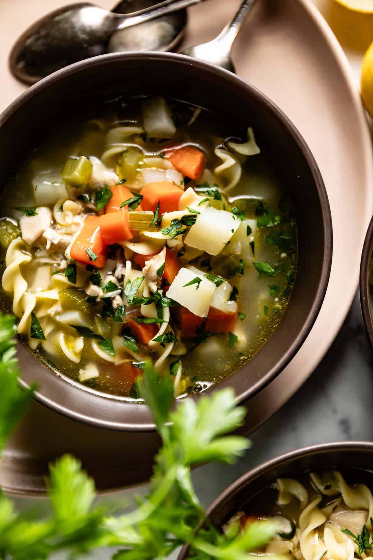 Hearty chicken soup with noodles and potatoes in a bowl from the top view.