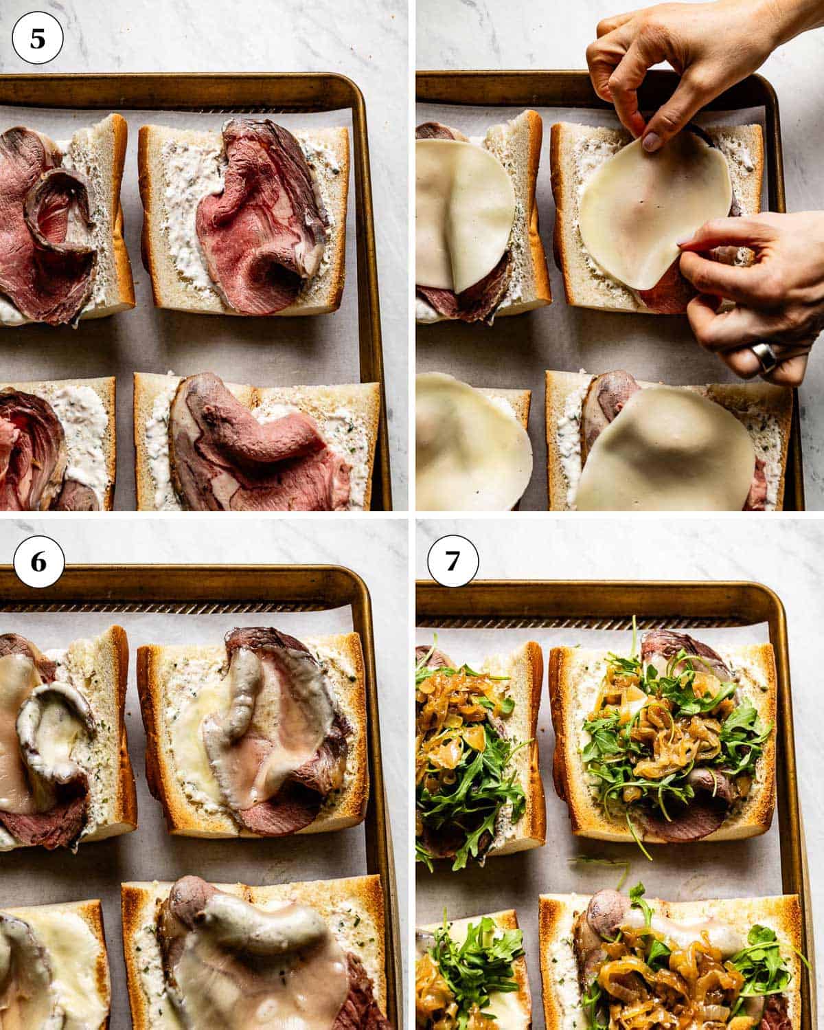 Photos showing how to assemble Prime rib sandwiches.