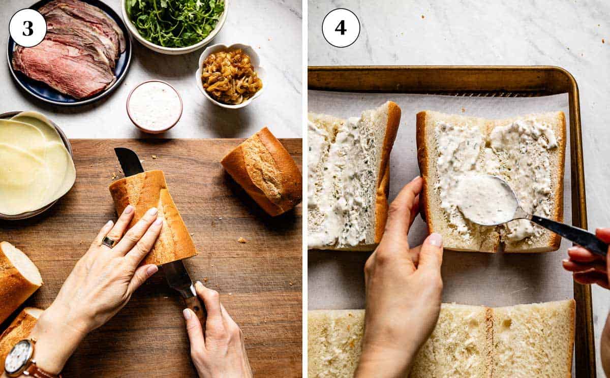 A collage of photos showing how to prepare bread for standing rib roast sandwich.