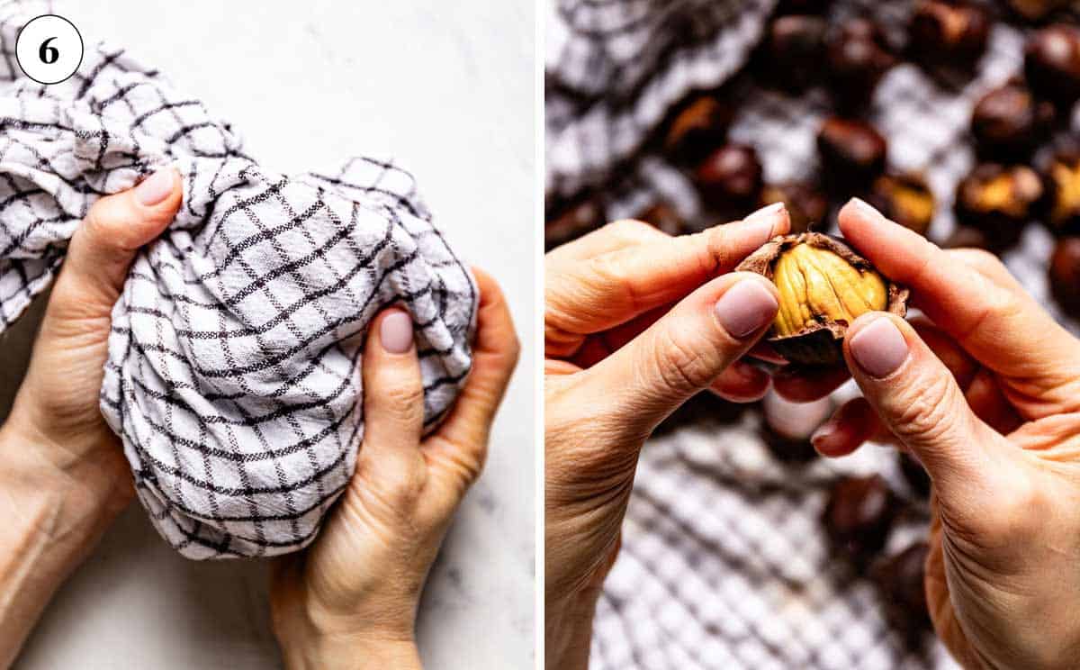Images showing how to peel air fried chestnuts.