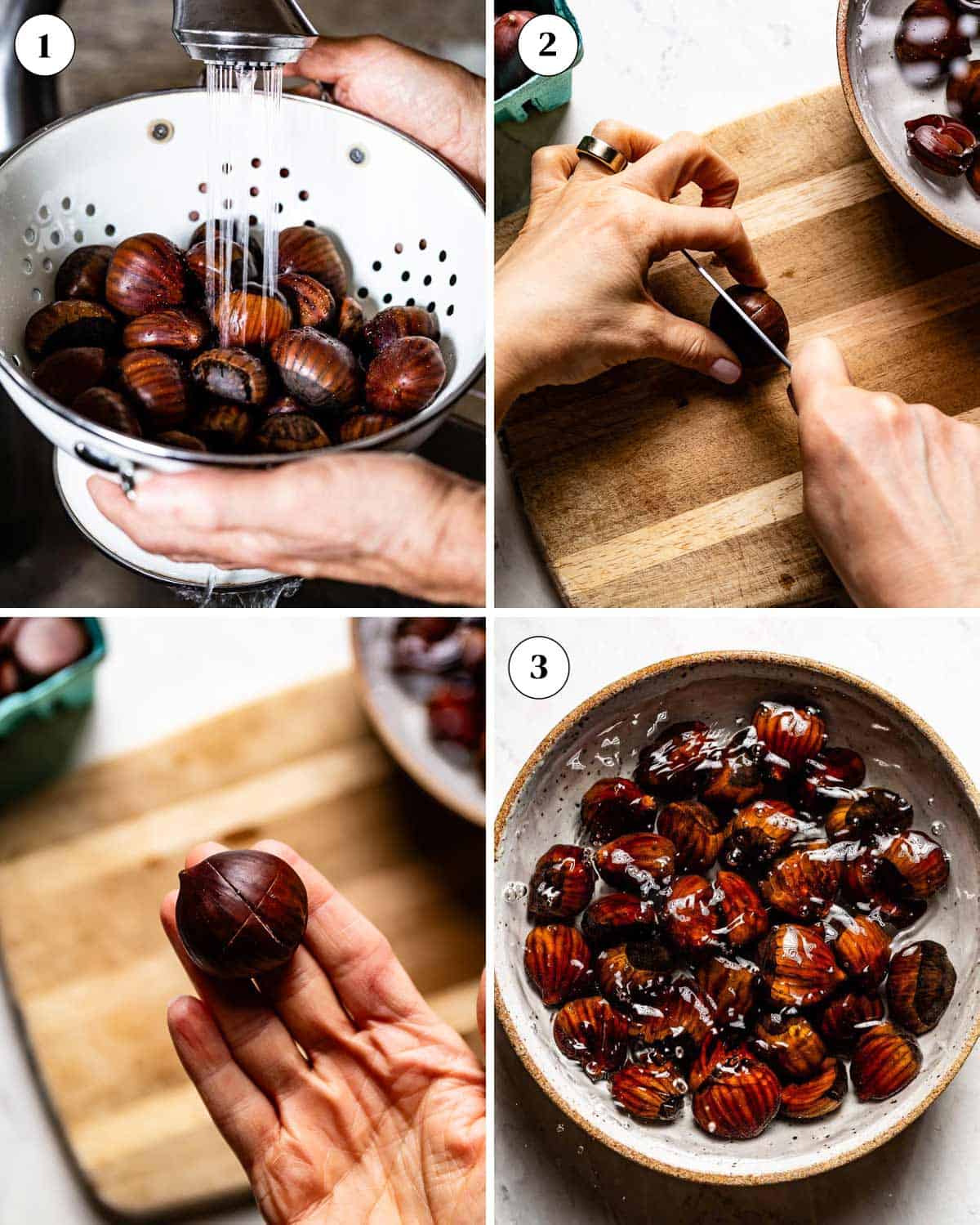 A collage of images showing how to prepare chestnuts for air air frying.