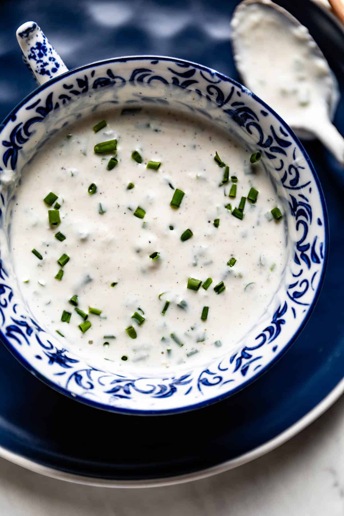 A bowl of horseradish yogurt sauce from the top view.