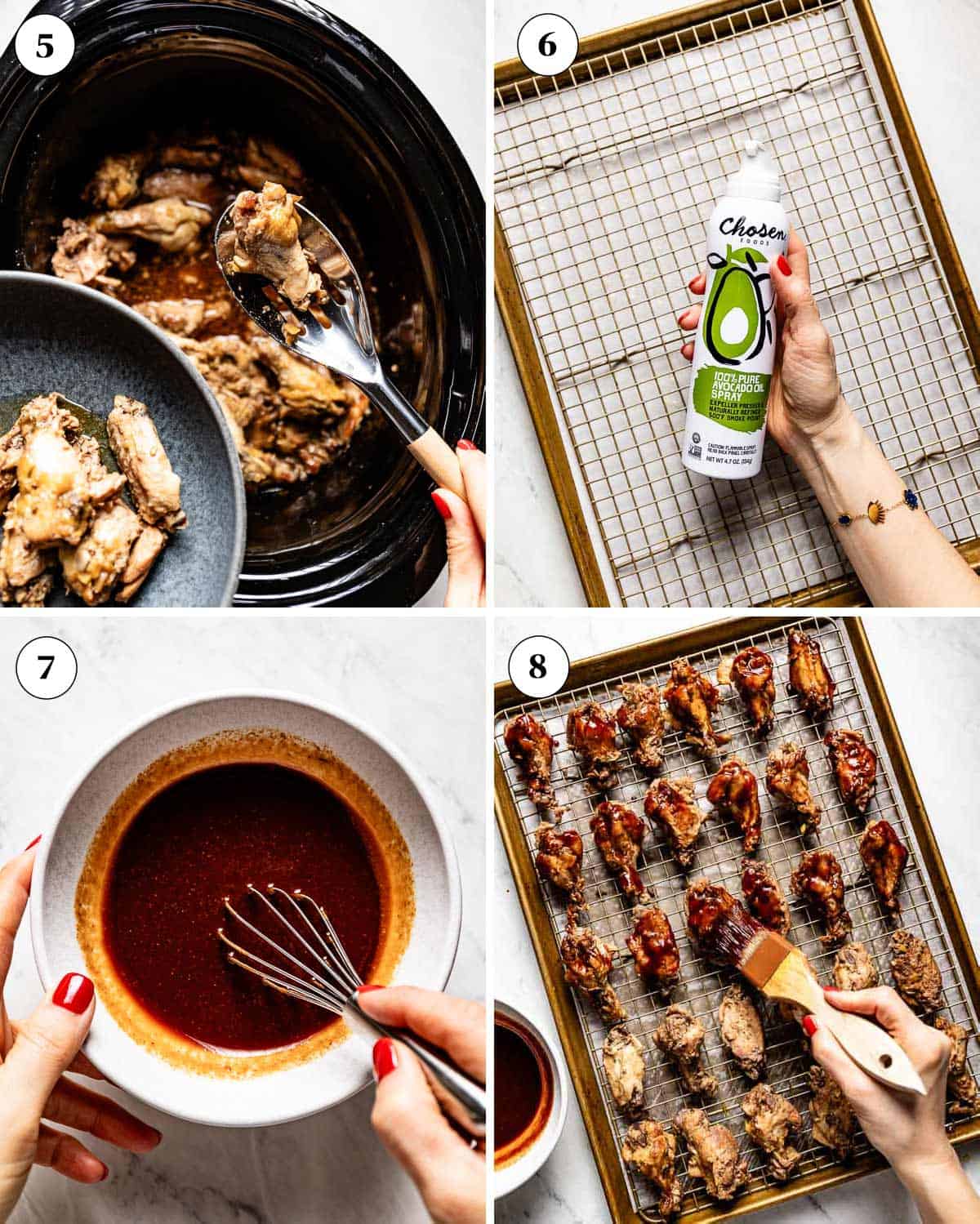 A collage of images showing how to prepare and glaze the slow cooker chicken wings.