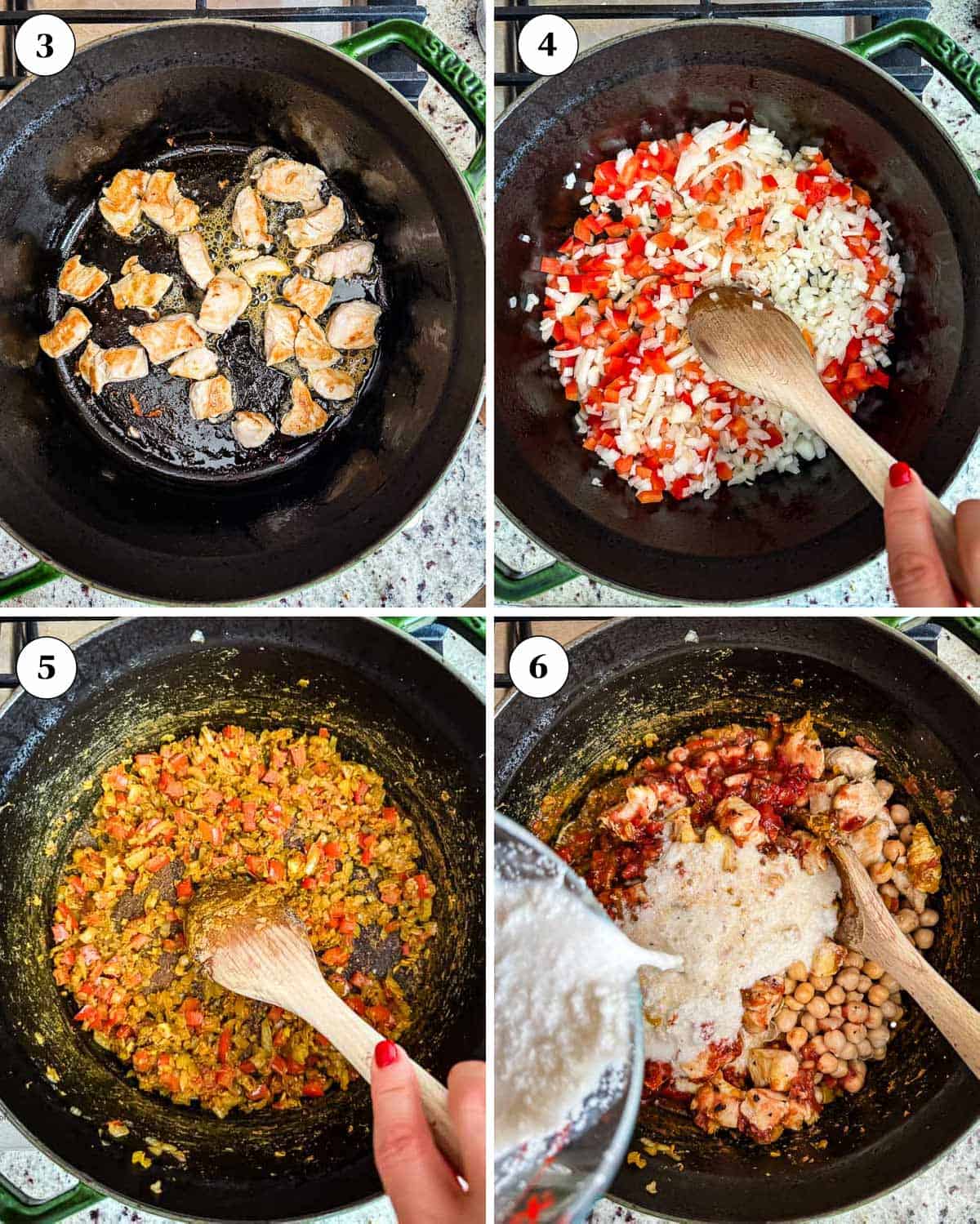 A collage of images showing how to make chicken curry with chickpeas and coconut milk.