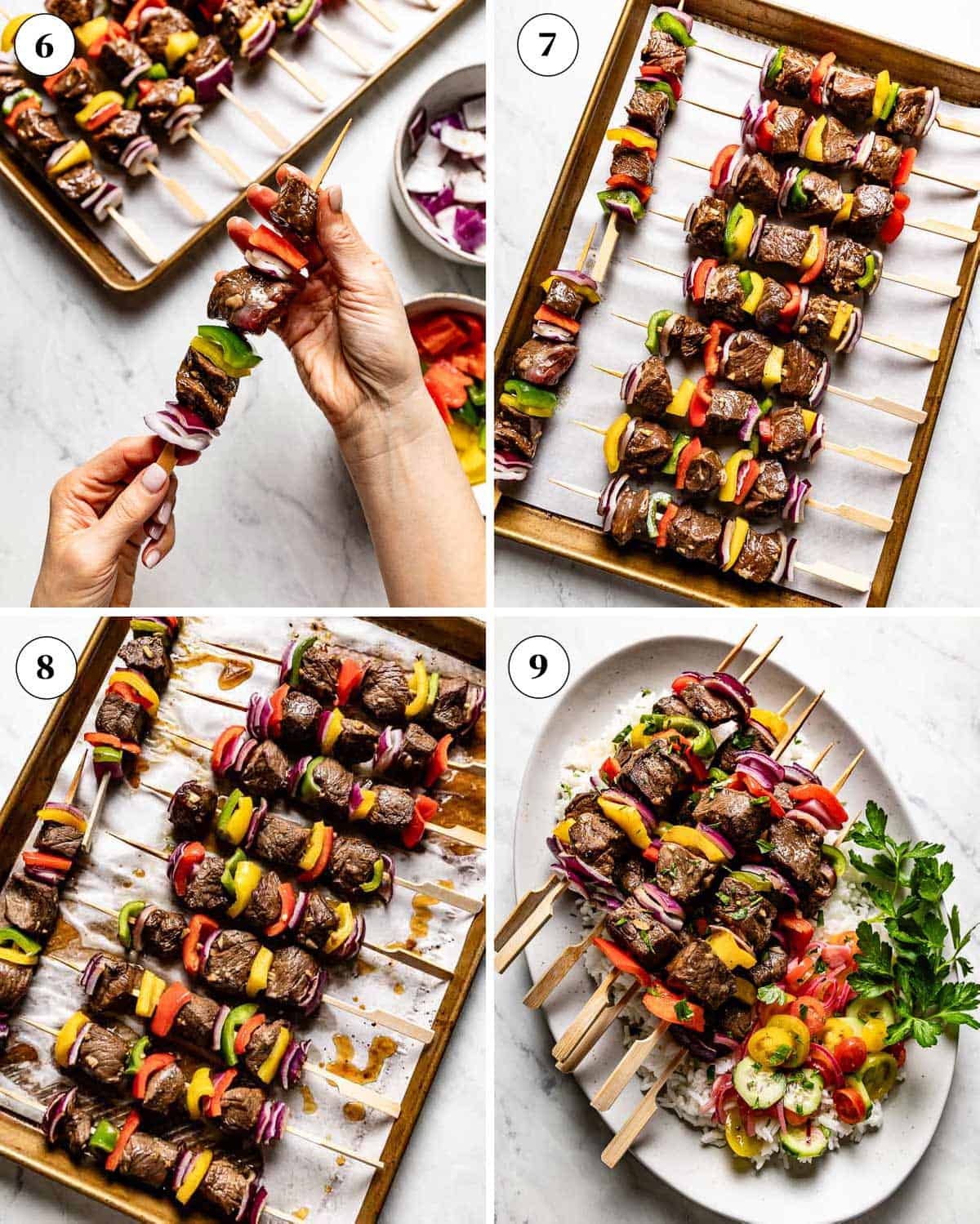 A collage of images showing how to thread beef and vegetables to make steak kabobs.