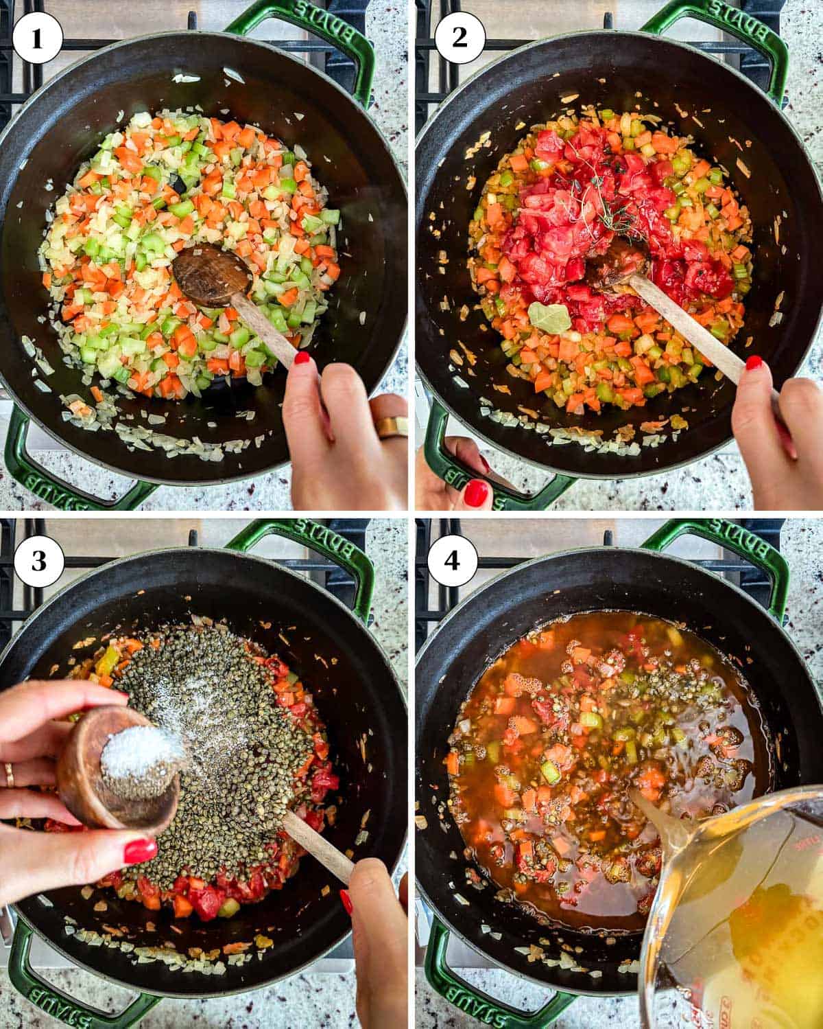 A collage of images showing how to make French green lentil soup recipe.