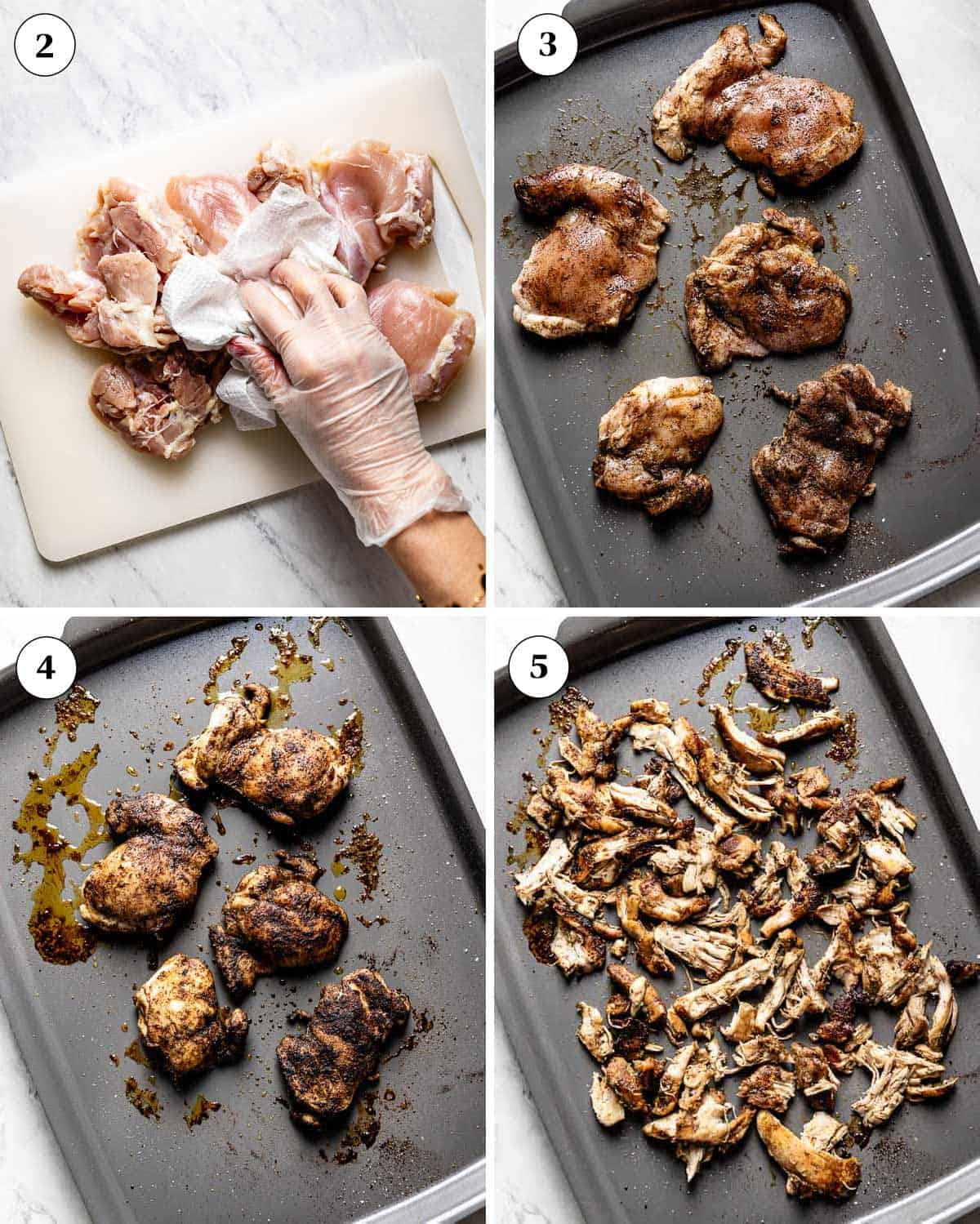 A collage of images showing how to prepare and cook chicken to make nachos.