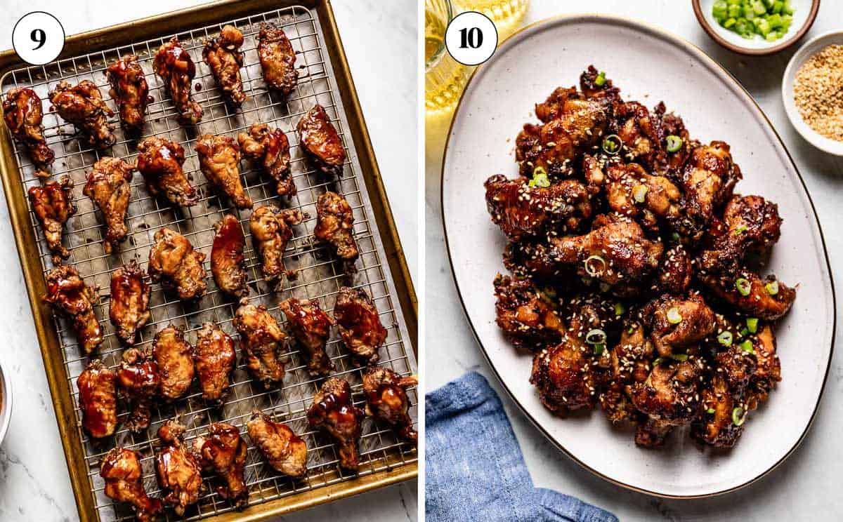 Glazed and garnished chicken wings in a side by side collage.