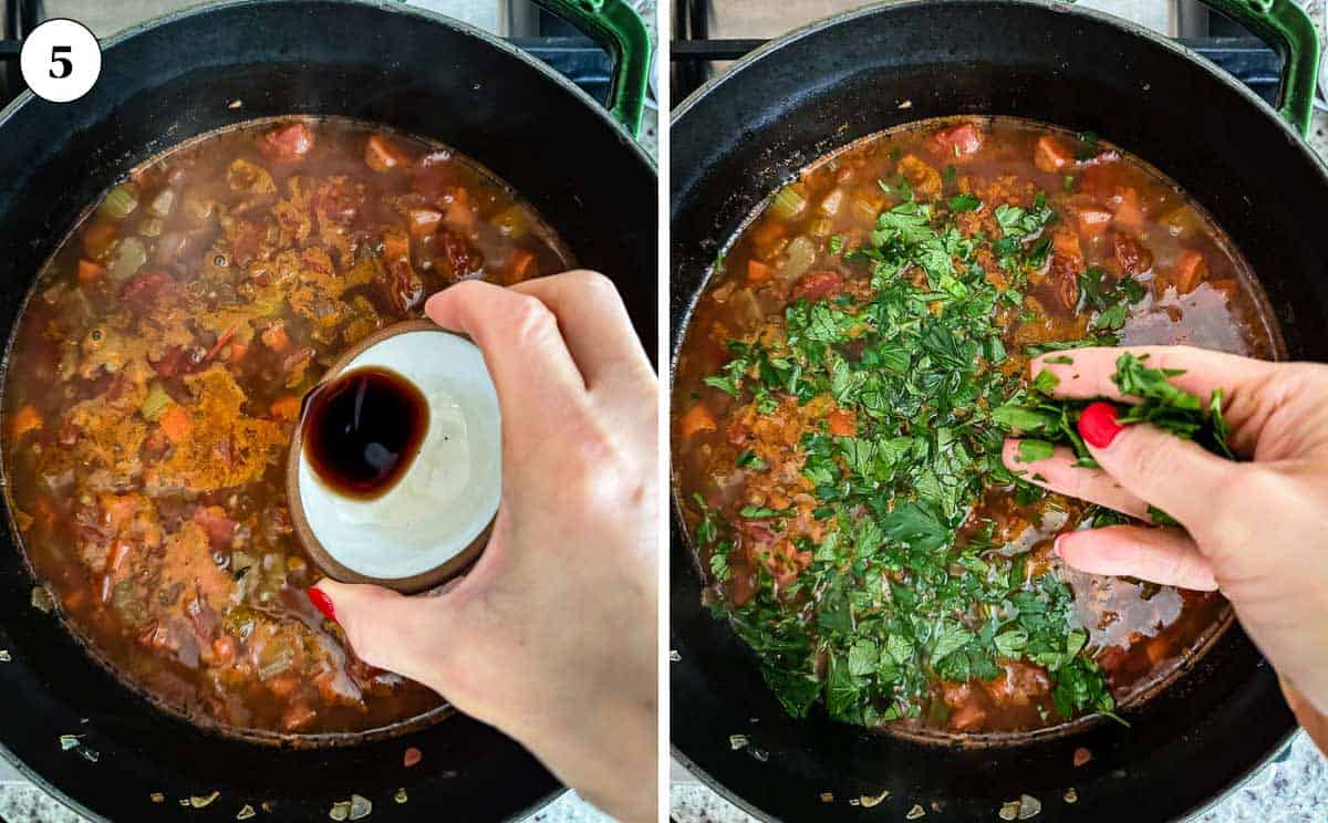 Person seasoning the soup with balsamic vinegar and chopped greens.