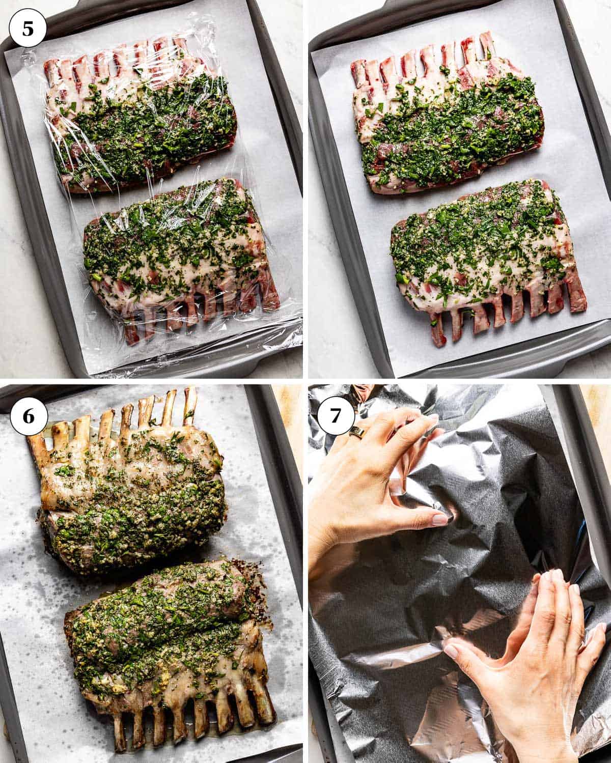 Marinated rack of lamb before and after it is baked in the oven in a collage of images.