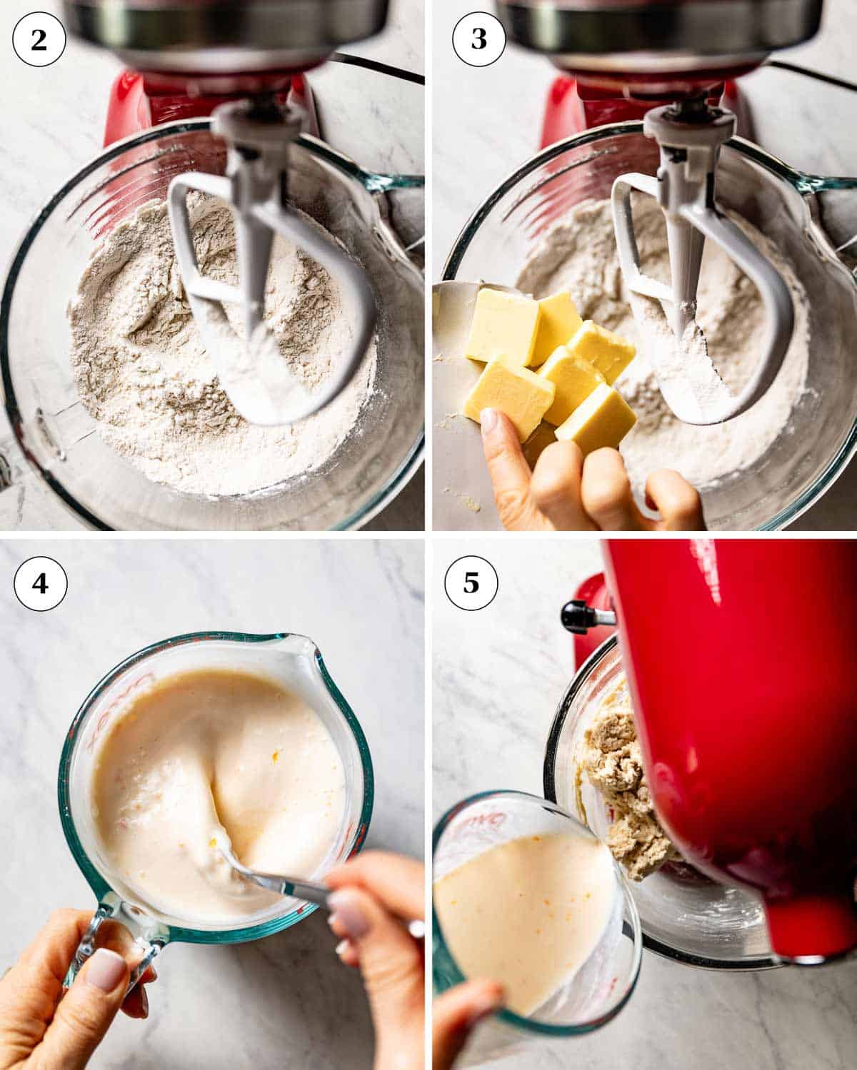 Steps showing how to make the bread dough in a standing mixer.