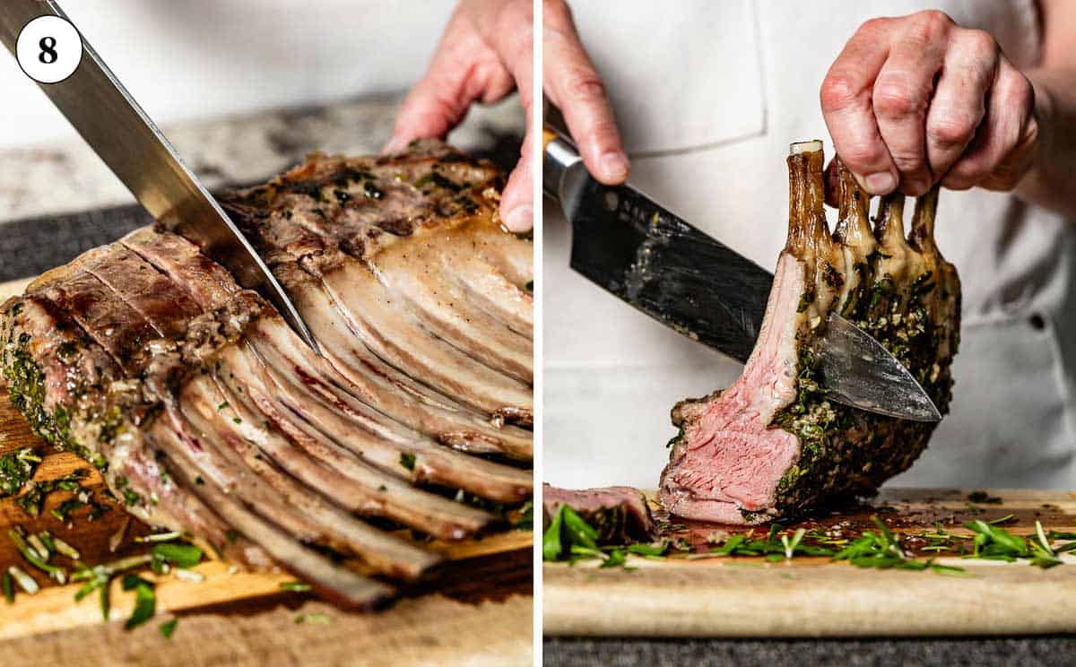 Person cutting roasted rosemary garlic rack of lamb into lamb chops.
