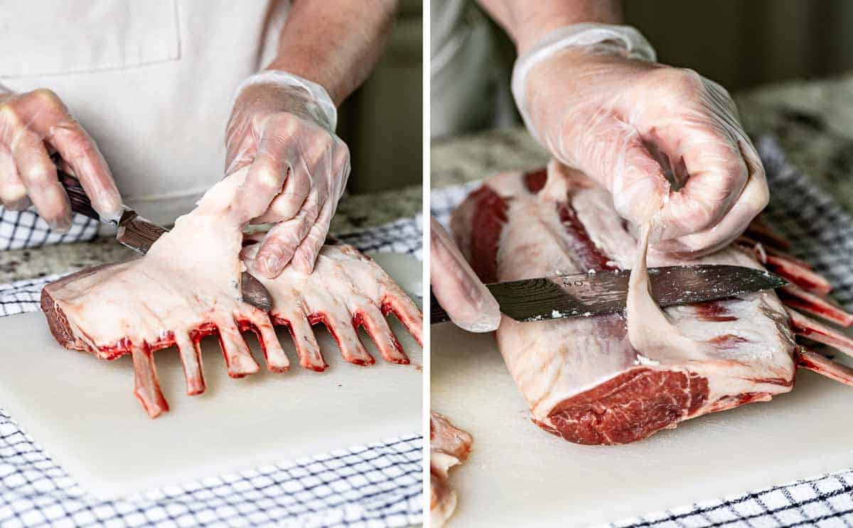 Person trimming the fat of Frenched rack of lamb.
