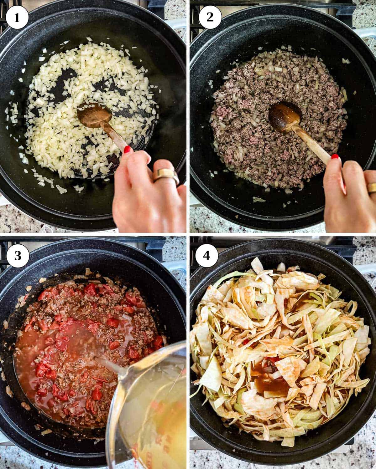 Person showing how to make stuffed cabbage soup in a collage of images.