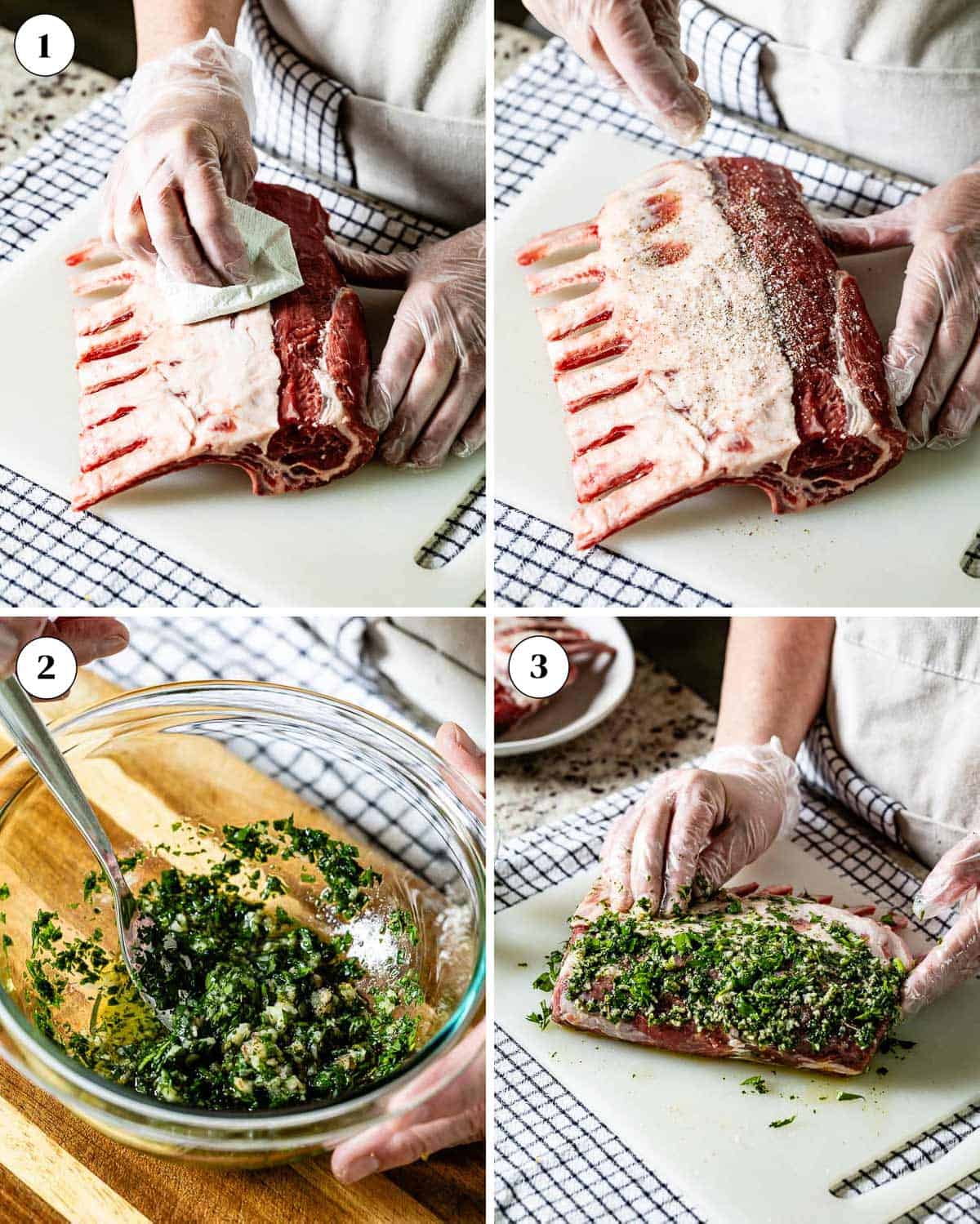 Person showing how to prepare and marinade rack of lamb for roasting.