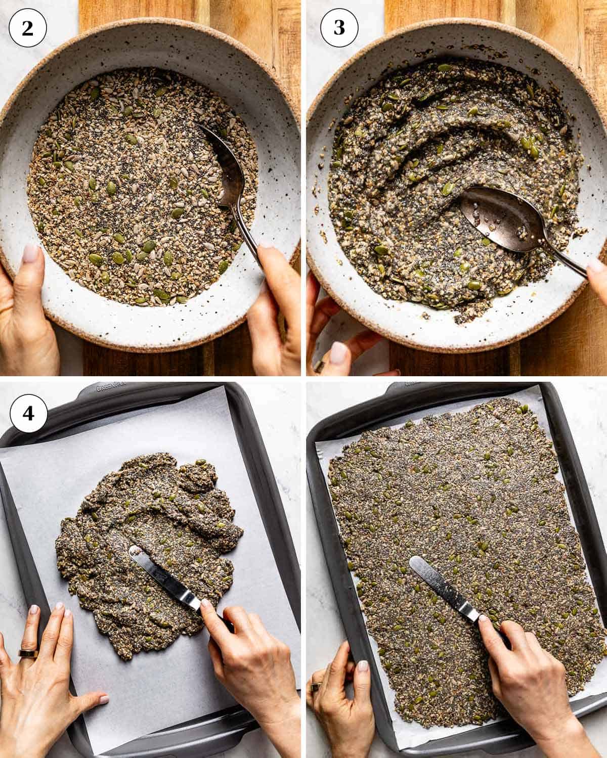 A collage of images showing how to make seed crackers.