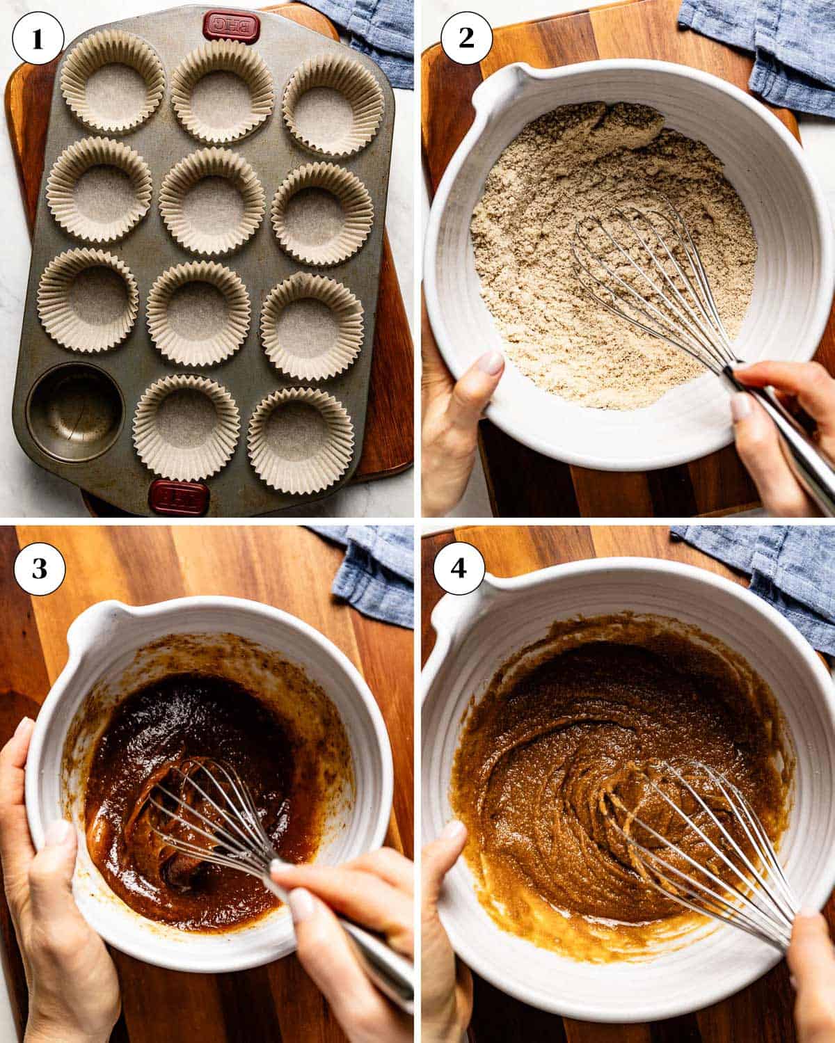 A collage of images showing how to make almond flour carrot cake muffins.