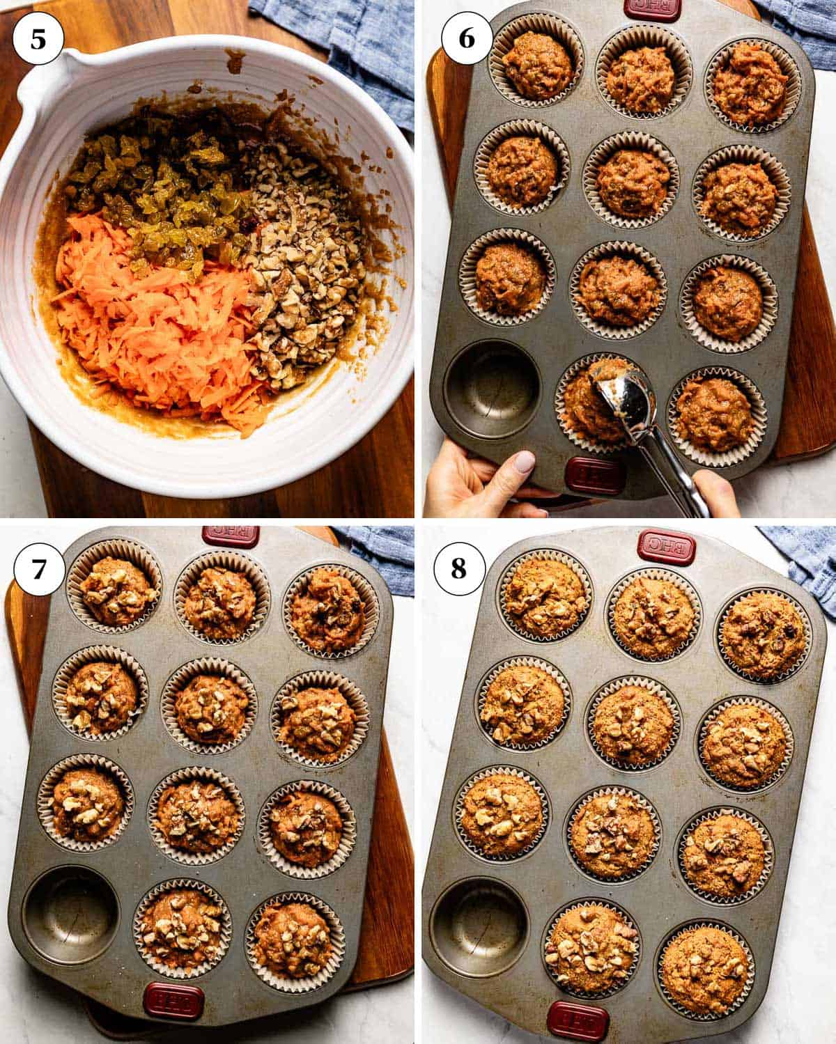 Person putting together the batter for paleo carrot cake muffins and portioning it in a muffin tin.