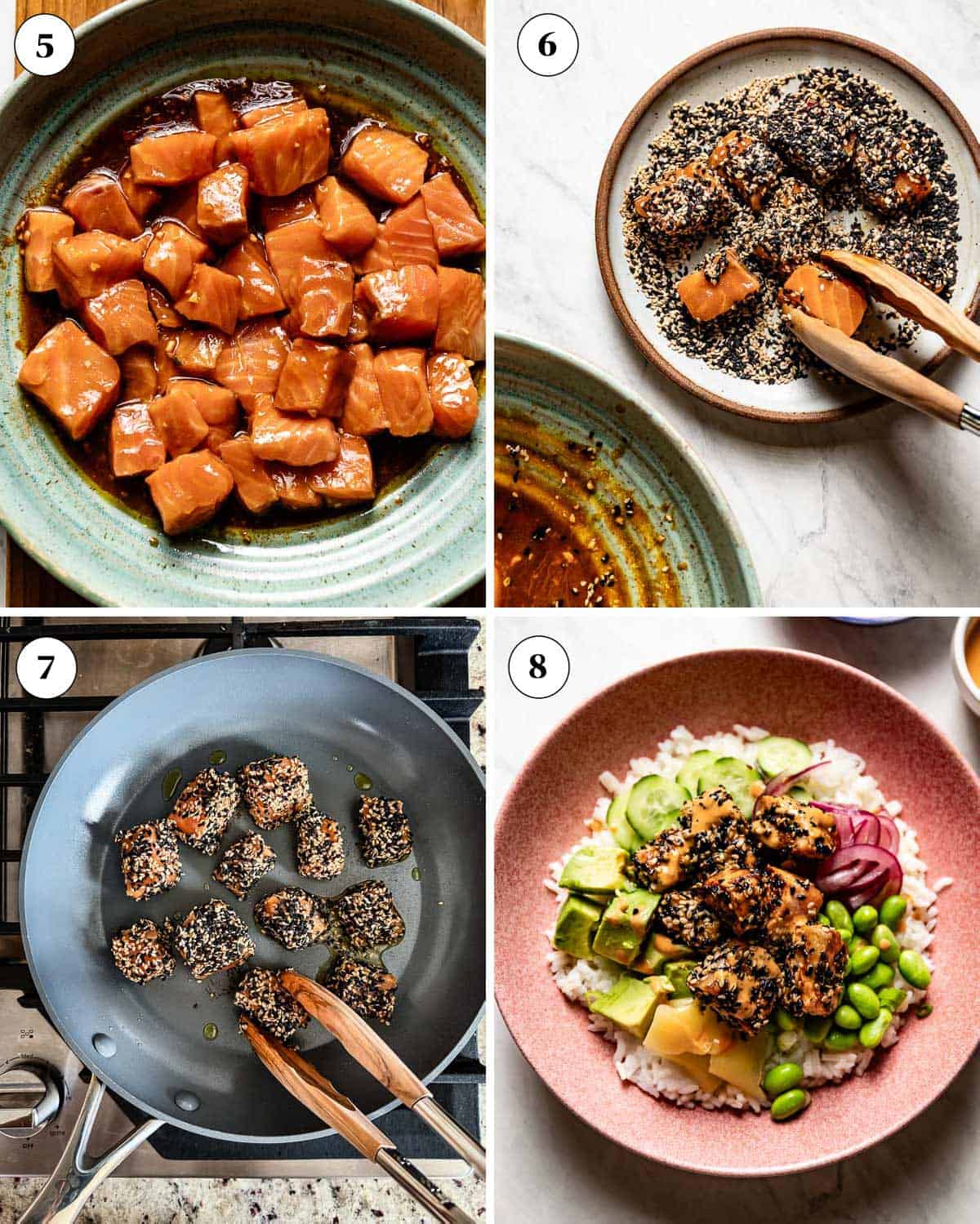 A collage of images showing how to crust and cook salmon cubes with sesame seeds.