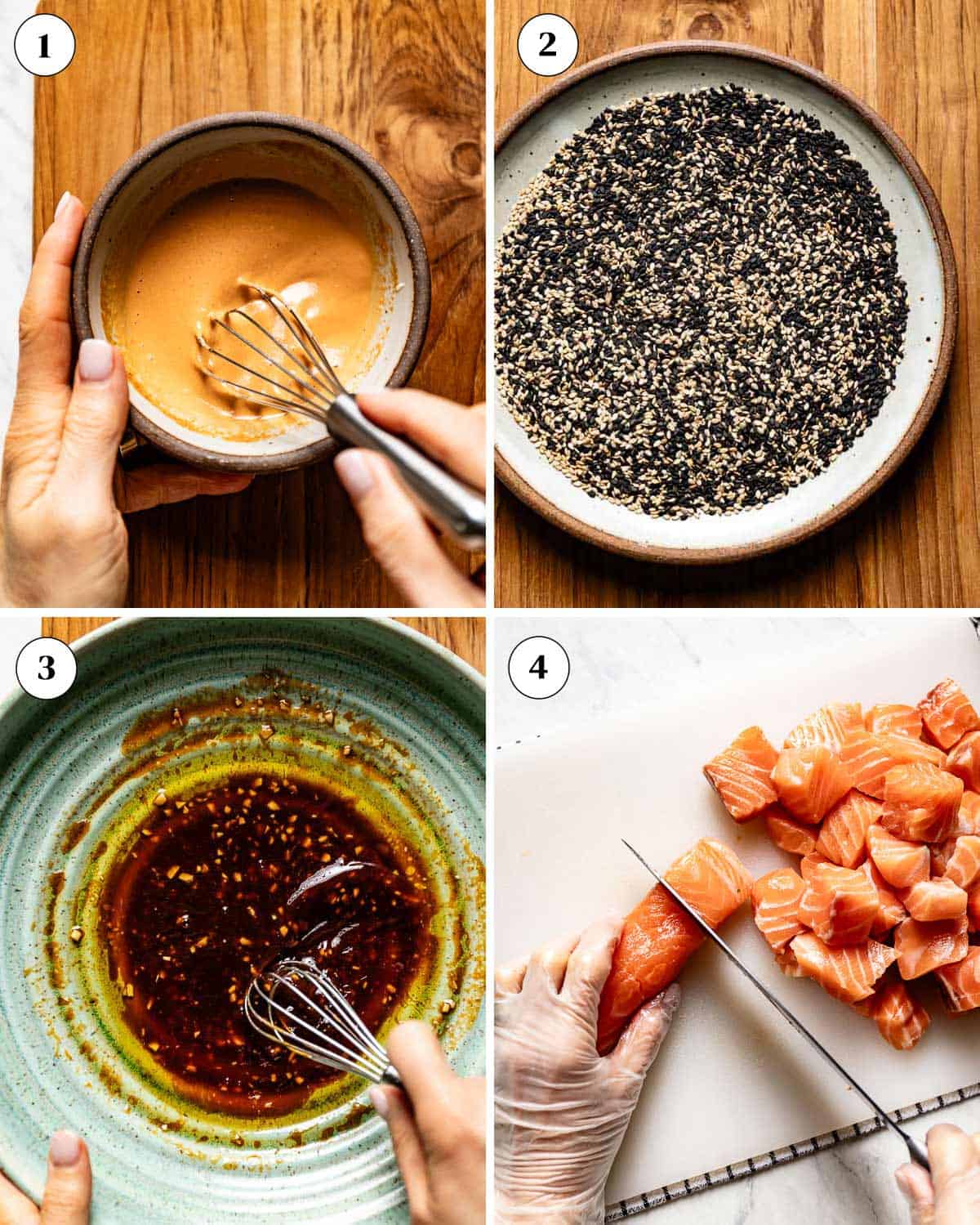 A collage of images showing how to make sesame seed crusted salmon.