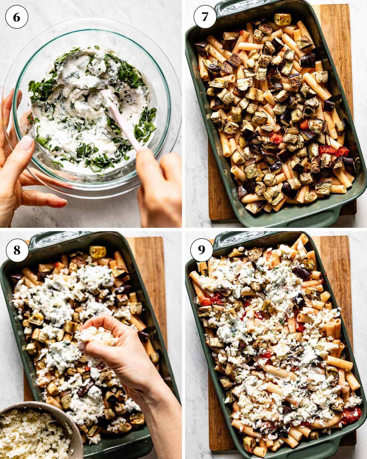 Person showing how to layer pasta with roasted aubergine and ricotta mixture.