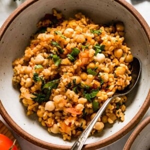 A bowl of bulgur bilaf as one of our whole grain recipes from the top view.