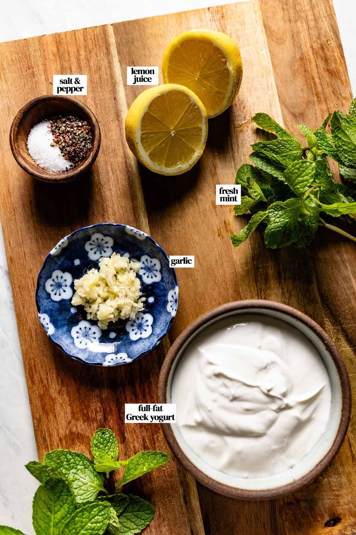Ingredients for the recipe with text on the image from the top view.