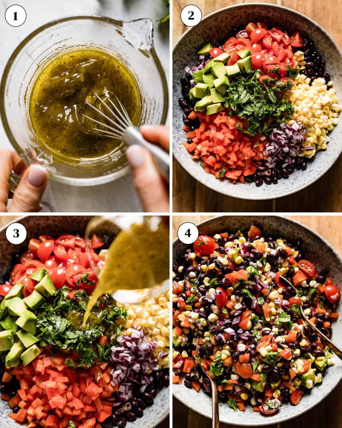 Steps showing how to make mexican corn and black bean salad.
