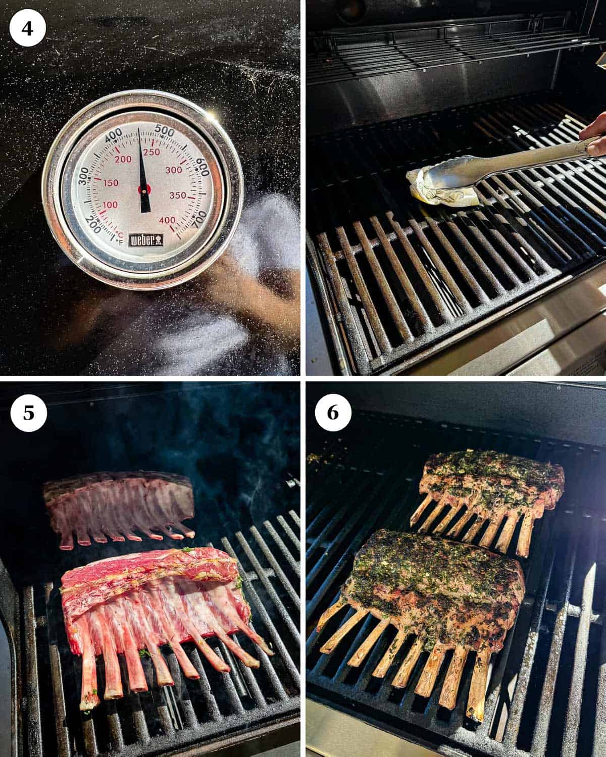 A collage of images showing how to barbecue rack of lamb.