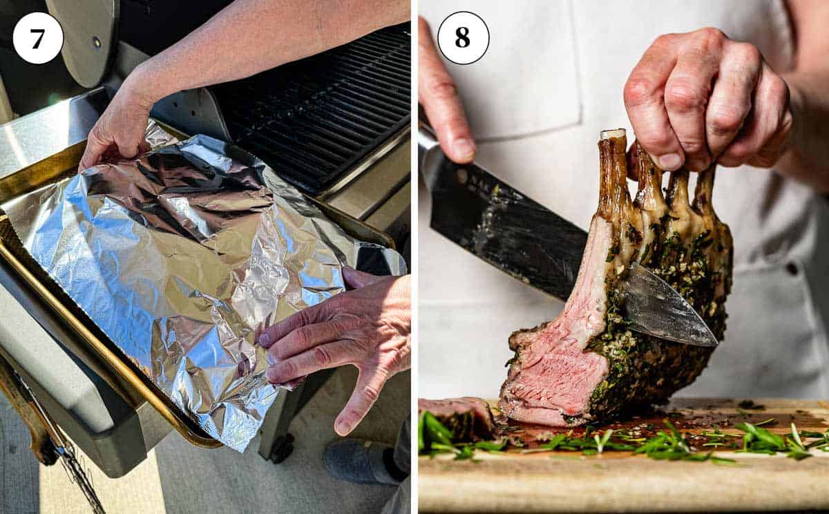 Person cutting grilled rack of lamb.
