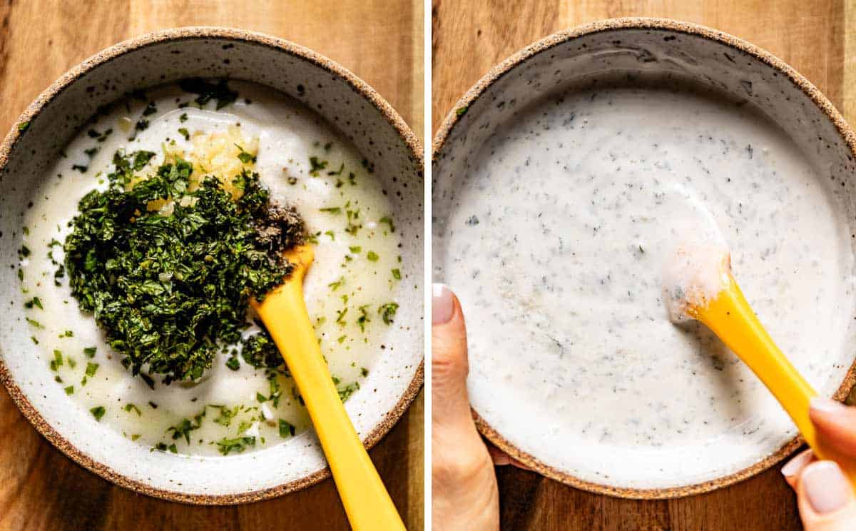 A collage of images showing how to make mint and yogurt sauce.