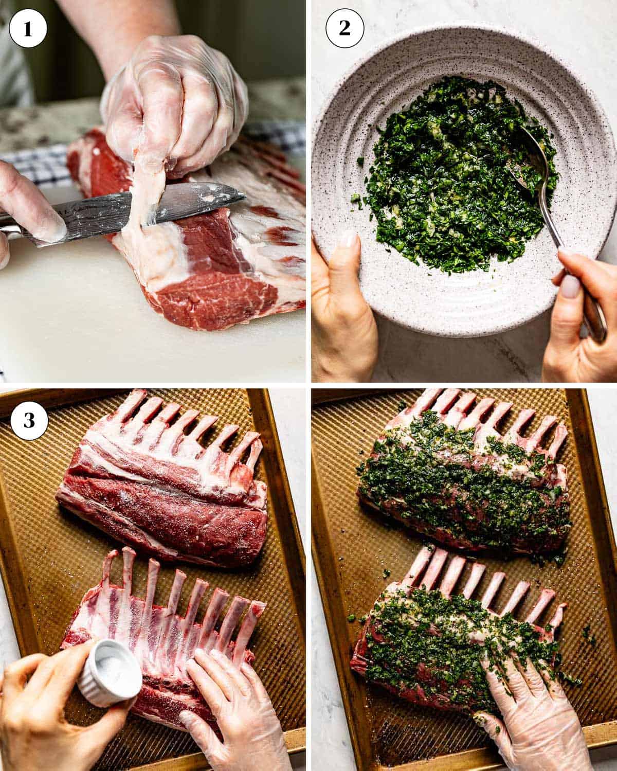 A collage of images showing a person preparing rack of lamb to cook it on gas grill.