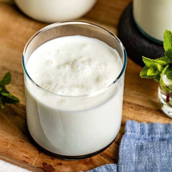 Turkish Salty yogurt drink, ayran, in a glass from the front view.