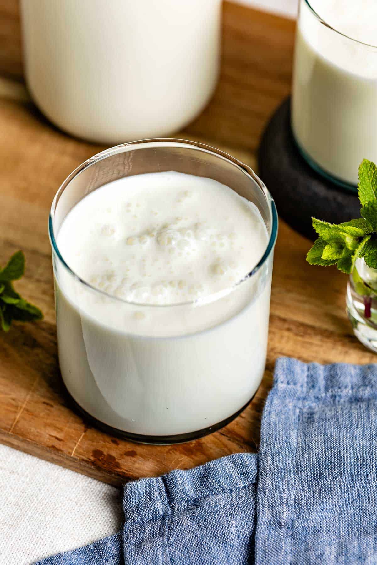 Turkish Salty yogurt drink, ayran, in a glass from the front view.