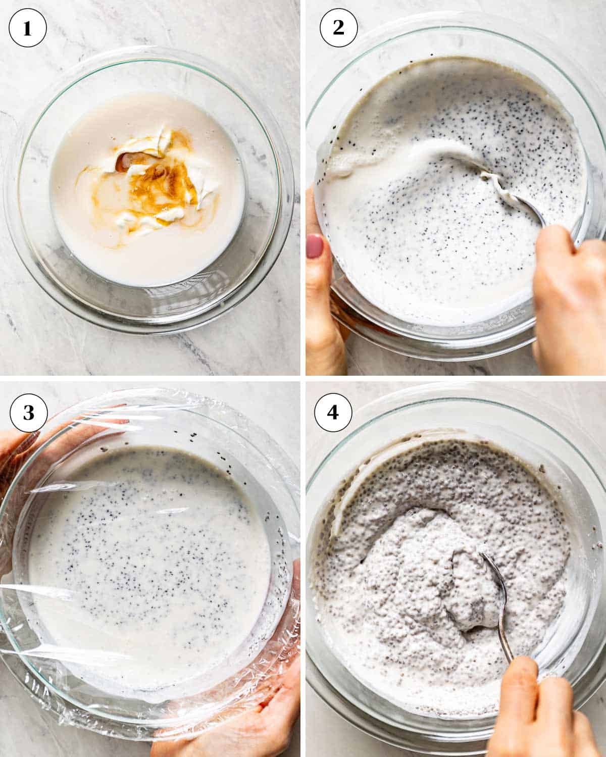 A collage of images showing how to make yogurt chia pudding.