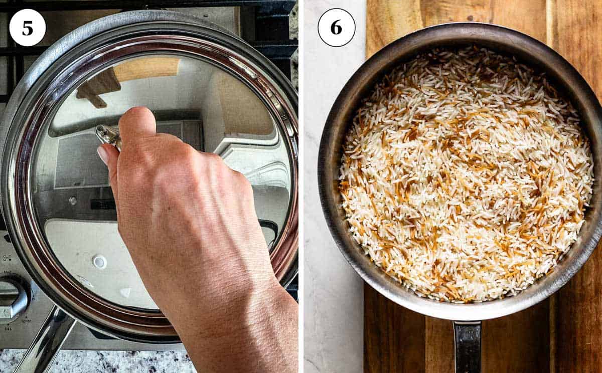 A collage of images showing how to make vermicelli rice pilaf.