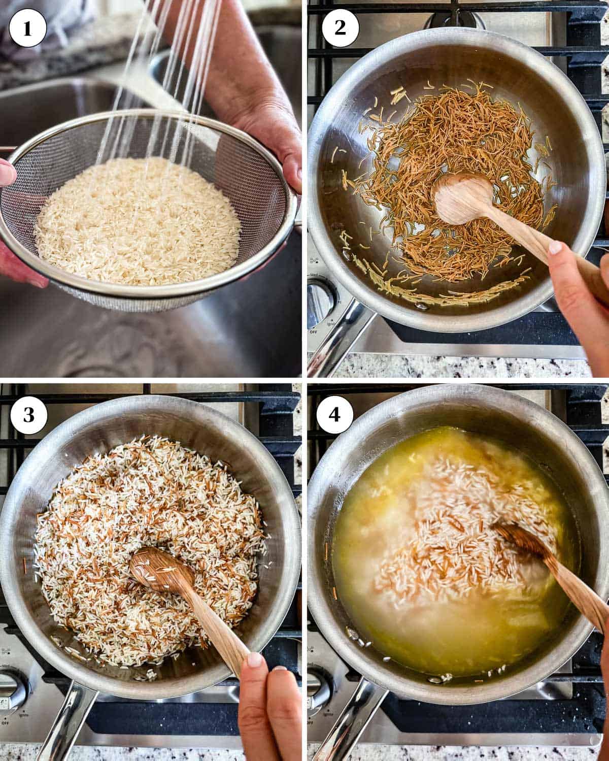 Steps showing how to make rice with vermicelli.