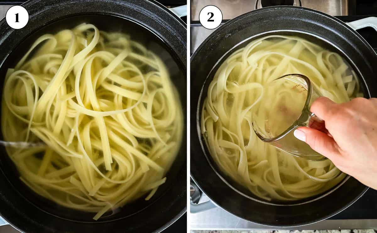 Side by side image showing fettuccine boiling in a pot and a hand reserving a cup of starchy pasta water for the sauce.