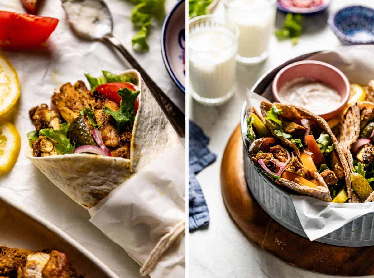 Chicken Shawarma wrap made two ways, one with flatbread and one in a pita pocket.
