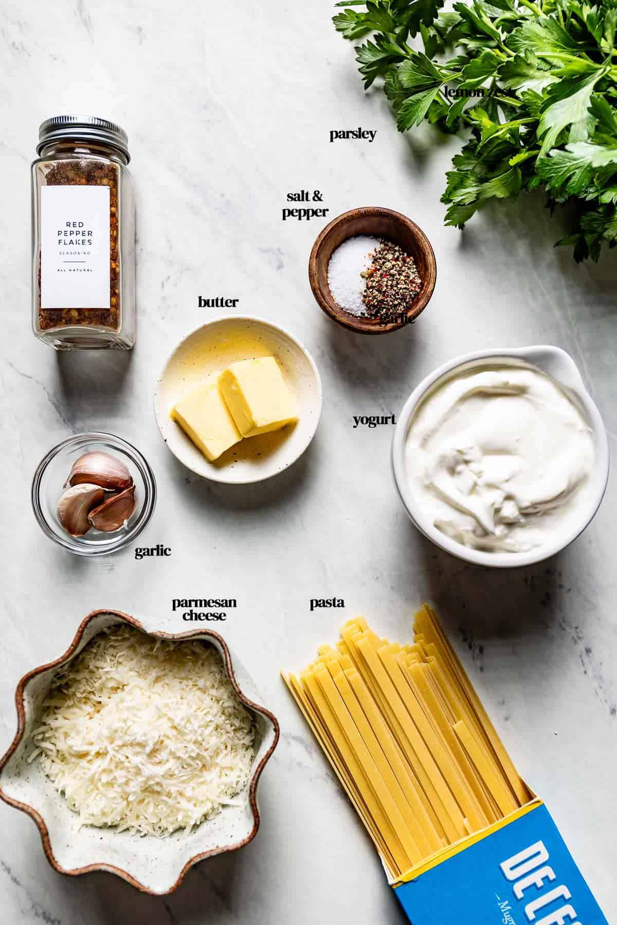 Ingredients for Greek Yogurt Alfredo sauce from the top view.