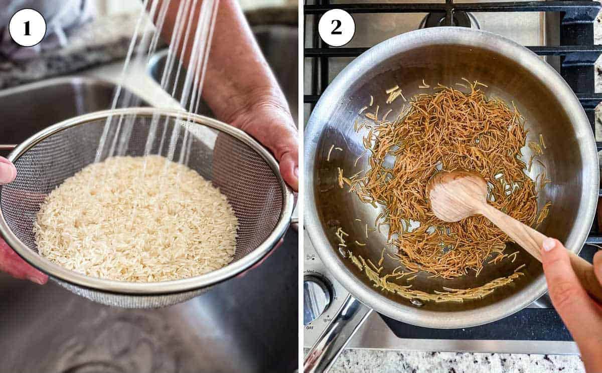 A collage of images showing the rinsing of rice and sautéing of the vermicelli.