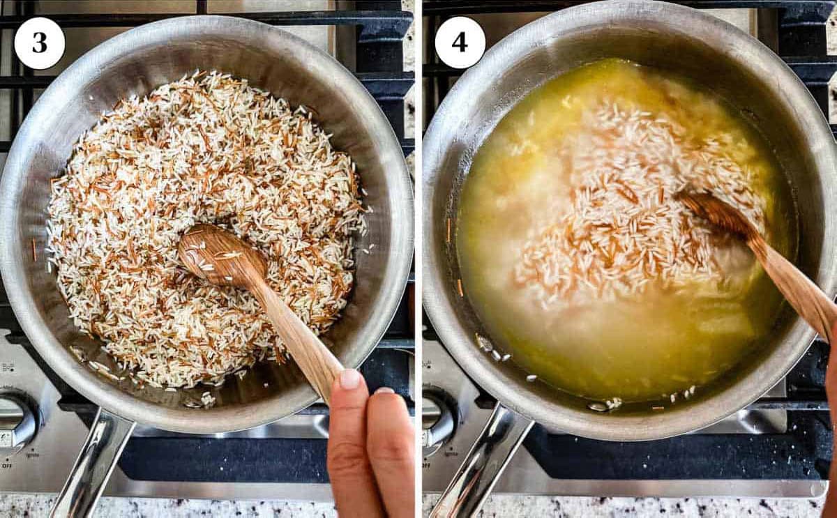 Two images side by side showing a person stirring vermicelli and rice together before and after the cooking liquid is added in from the top view.