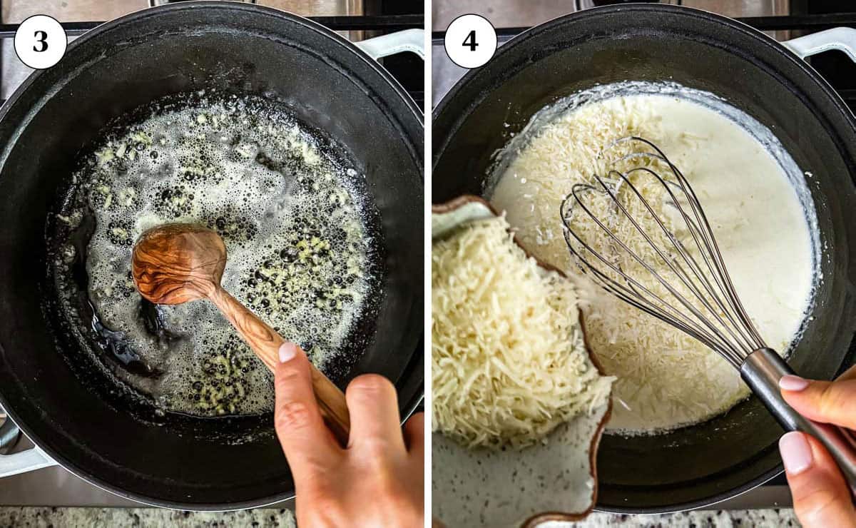 Two-panel image showing garlic sautéing in butter and shredded Parmesan cheese being whisked into a creamy Greek yogurt base.